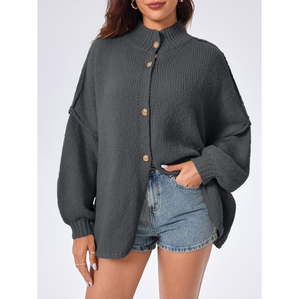 Women's  Dark Gray Oversized Cardigans Button Down Chunky Fall Sweater Coats - Picture 3 of 5